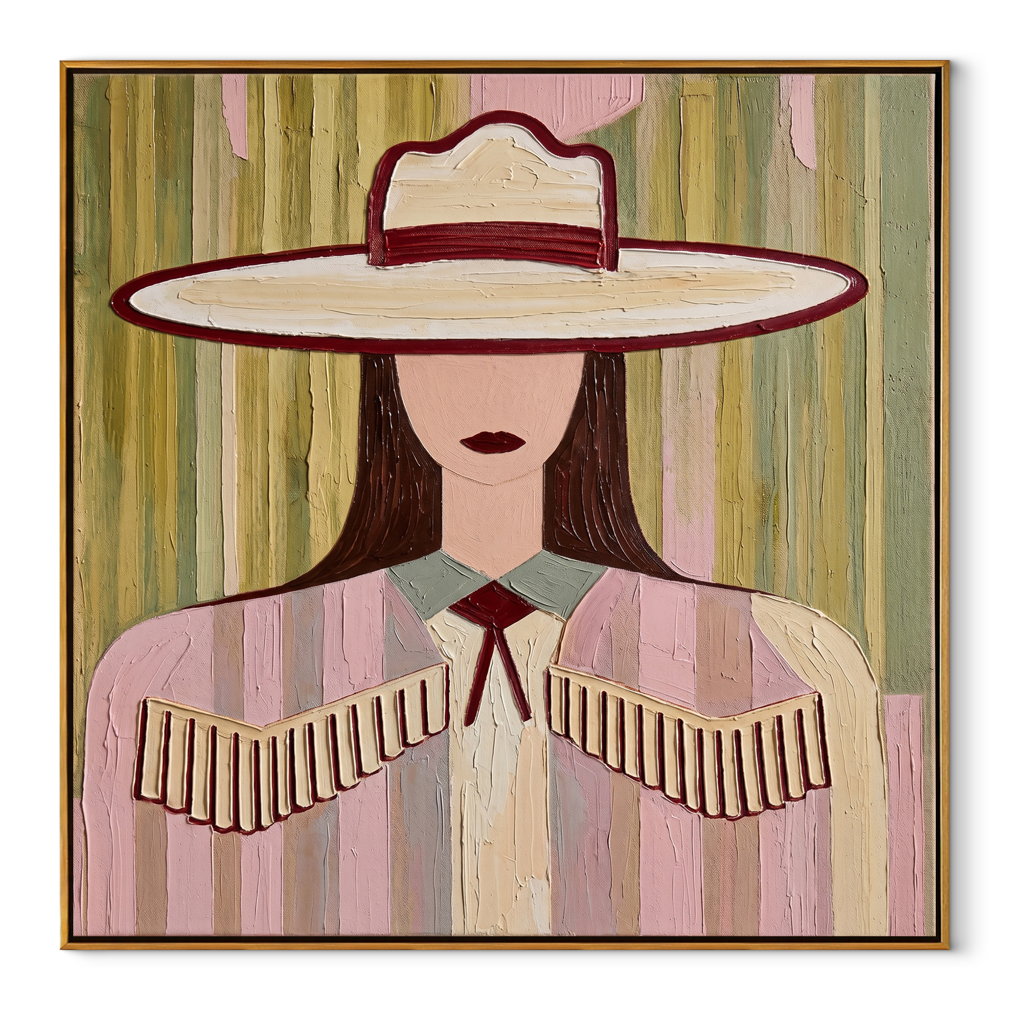 Fringe Sleeps Beneath Ivory - pastel cowgirl portrait painting by Elliot Vale, modern figurative square wall art - wood frame on white background