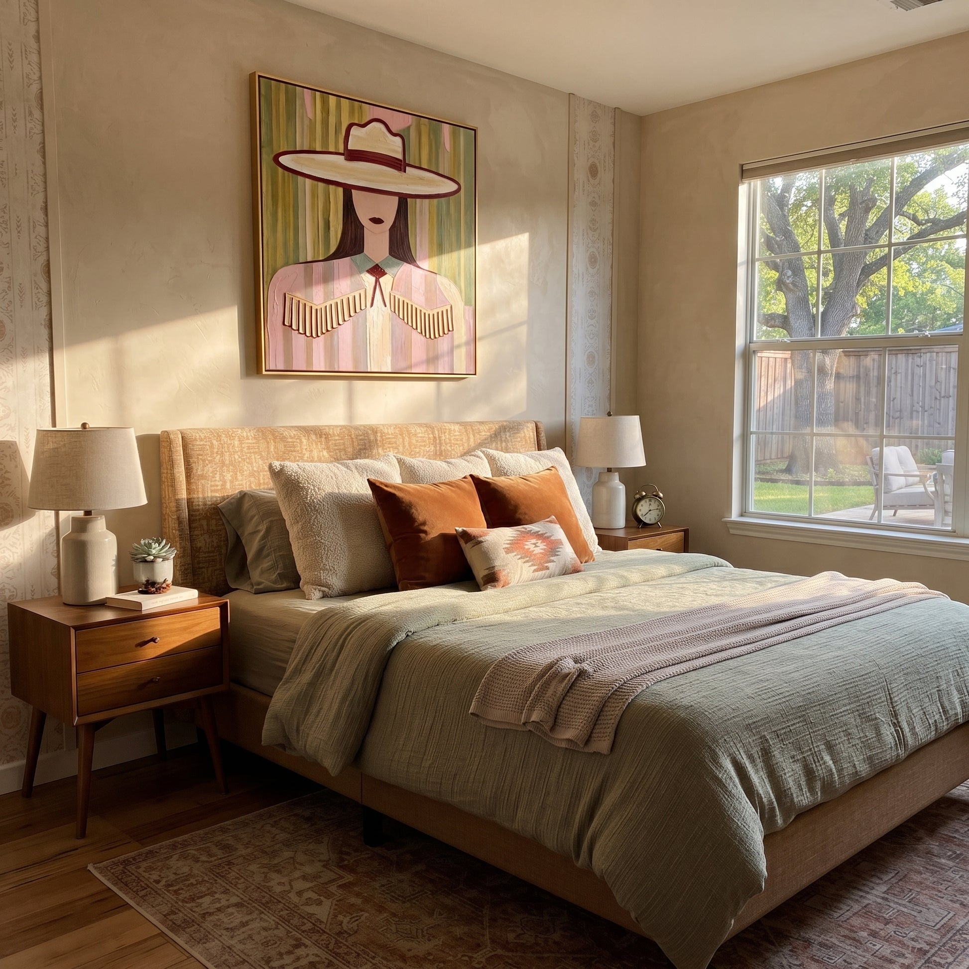 Fringe Sleeps Beneath Ivory - pastel cowgirl portrait painting by Elliot Vale, modern figurative square wall art - styled room scene view 2
