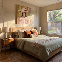 Fringe Sleeps Beneath Ivory - pastel cowgirl portrait painting by Elliot Vale, modern figurative square wall art - styled room scene view 2