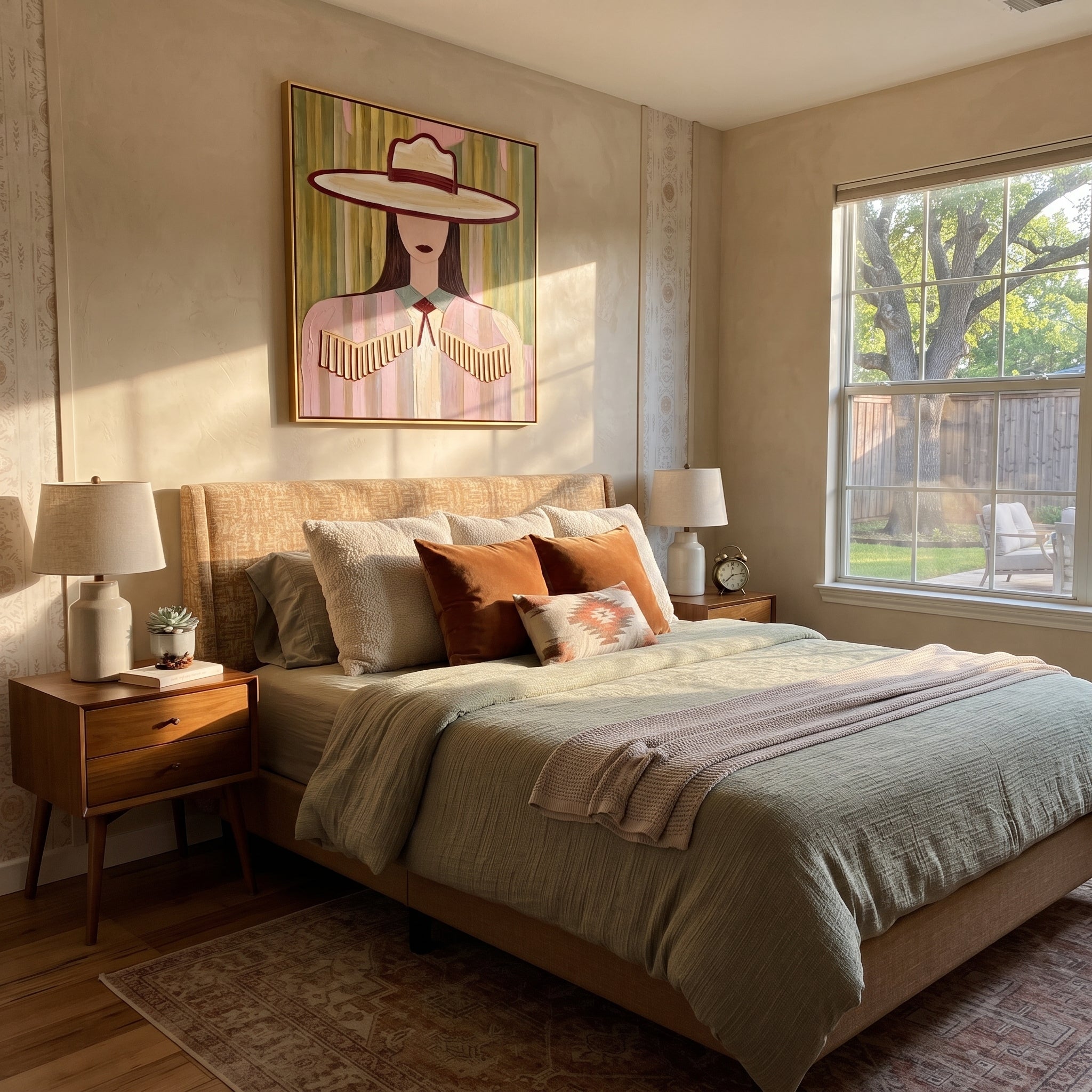 Fringe Sleeps Beneath Ivory - pastel cowgirl portrait painting by Elliot Vale, modern figurative square wall art - styled room scene view 2