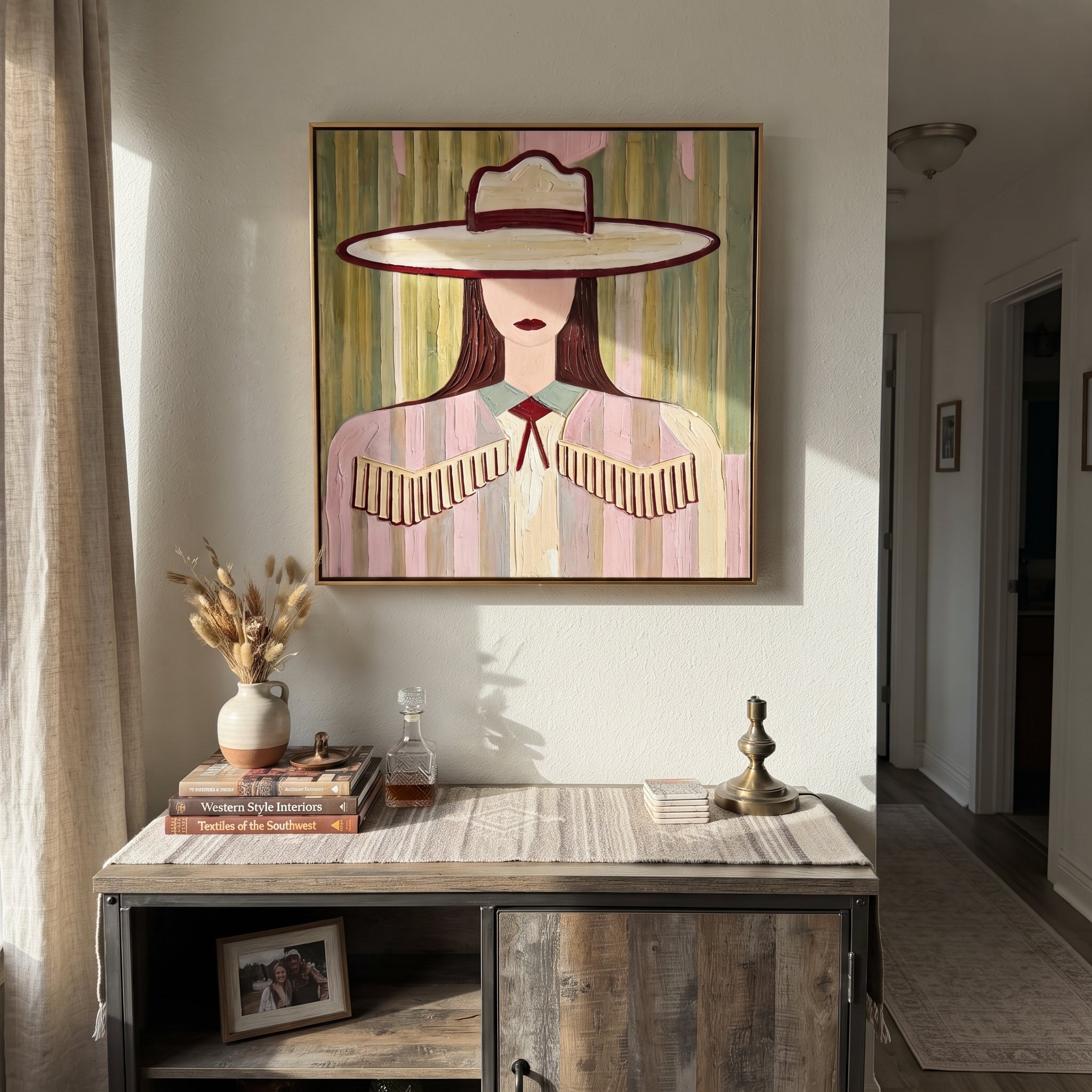 Fringe Sleeps Beneath Ivory - pastel cowgirl portrait painting by Elliot Vale, modern figurative square wall art - styled room scene view 3