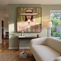Fringe Sleeps Beneath Ivory - pastel cowgirl portrait painting by Elliot Vale, modern figurative square wall art - styled room scene view 4