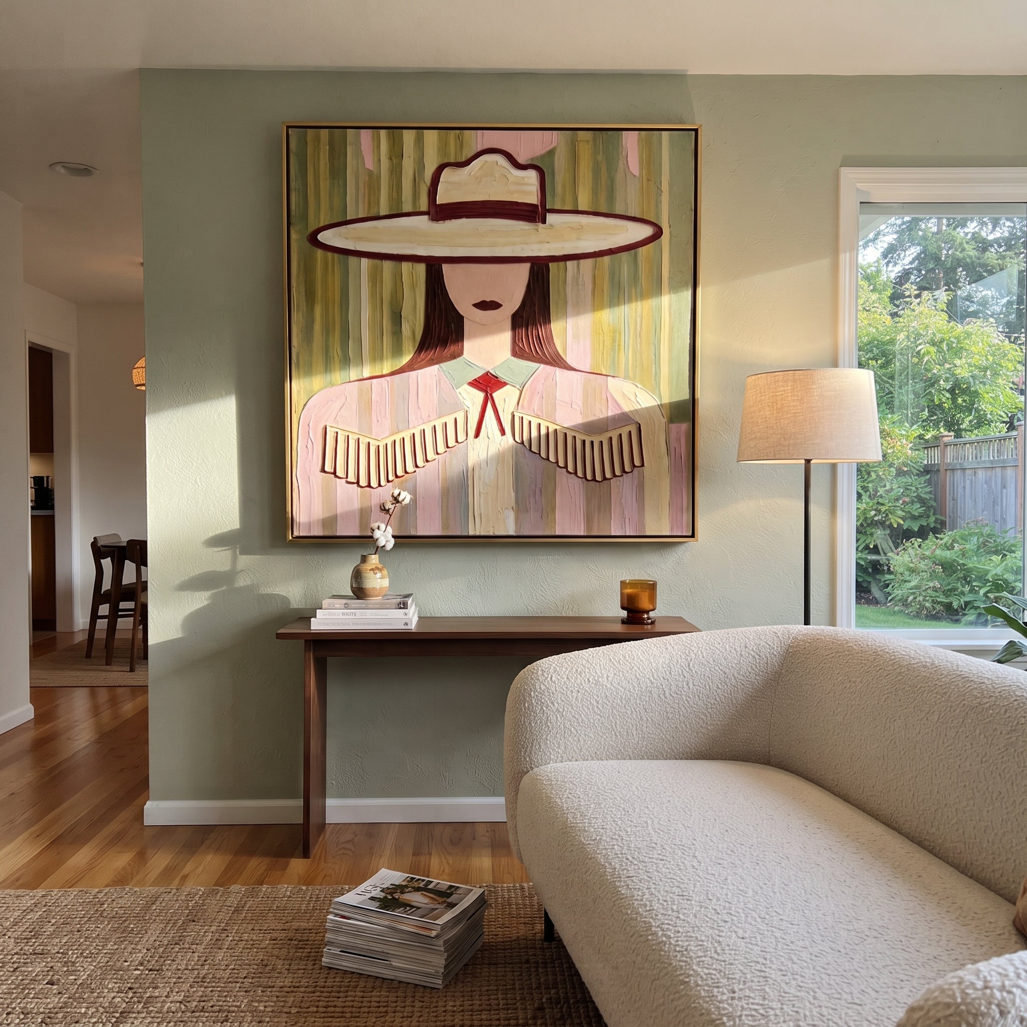 Fringe Sleeps Beneath Ivory - pastel cowgirl portrait painting by Elliot Vale, modern figurative square wall art - styled room scene view 4