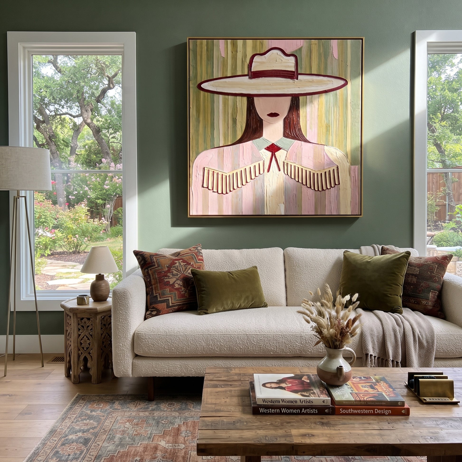 Fringe Sleeps Beneath Ivory - pastel cowgirl portrait painting by Elliot Vale, modern figurative square wall art - styled room scene view 5