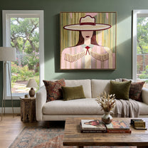 Fringe Sleeps Beneath Ivory - pastel cowgirl portrait painting by Elliot Vale, modern figurative square wall art - styled room scene view 5