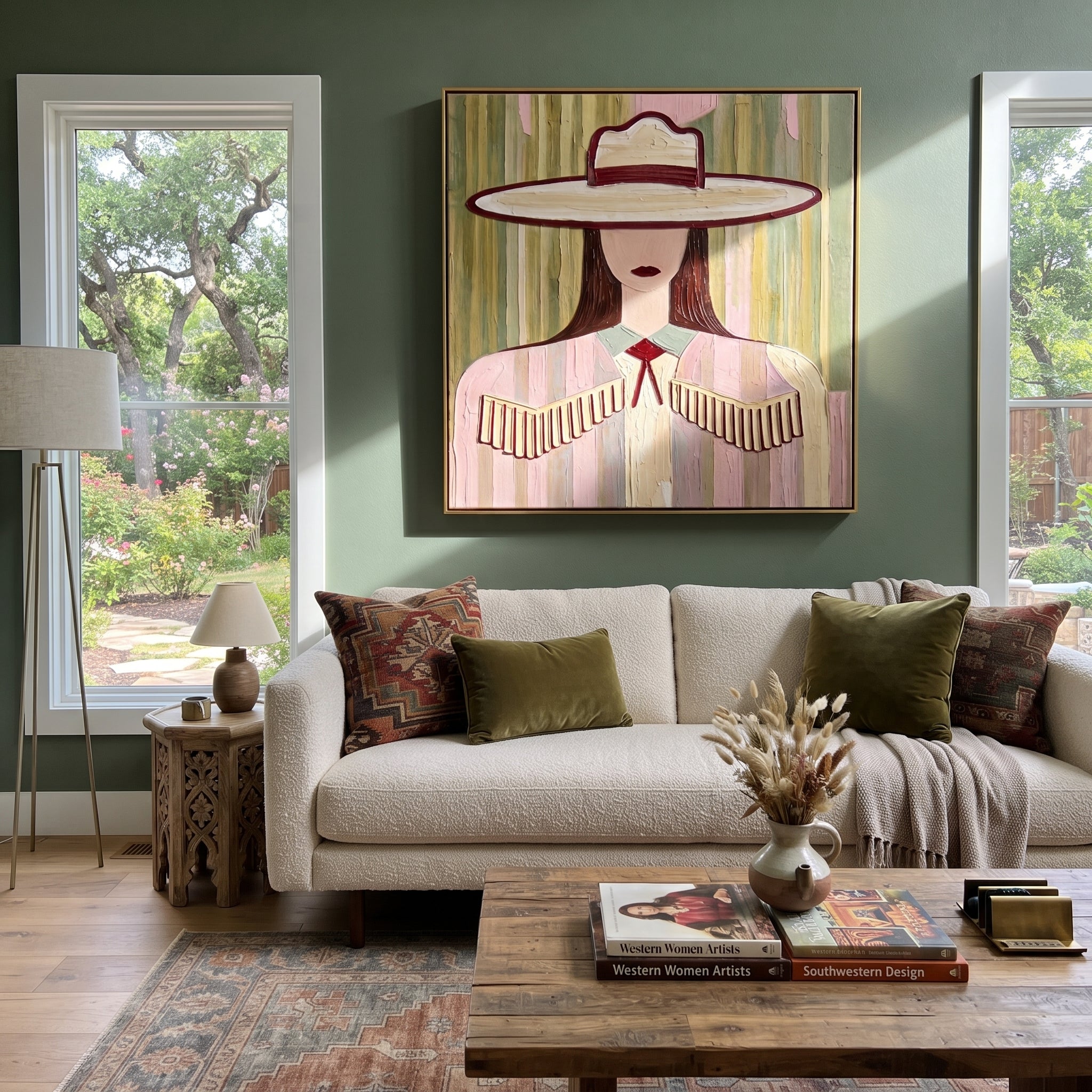 Fringe Sleeps Beneath Ivory - pastel cowgirl portrait painting by Elliot Vale, modern figurative square wall art - styled room scene view 5