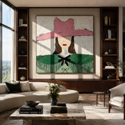 Pink Hat Guards Fringe - green cape cowgirl painting by Elliot Vale, modern figurative square wall art - styled room scene view 1