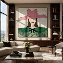 Pink Hat Guards Fringe - green cape cowgirl painting by Elliot Vale, modern figurative square wall art - styled room scene view 1