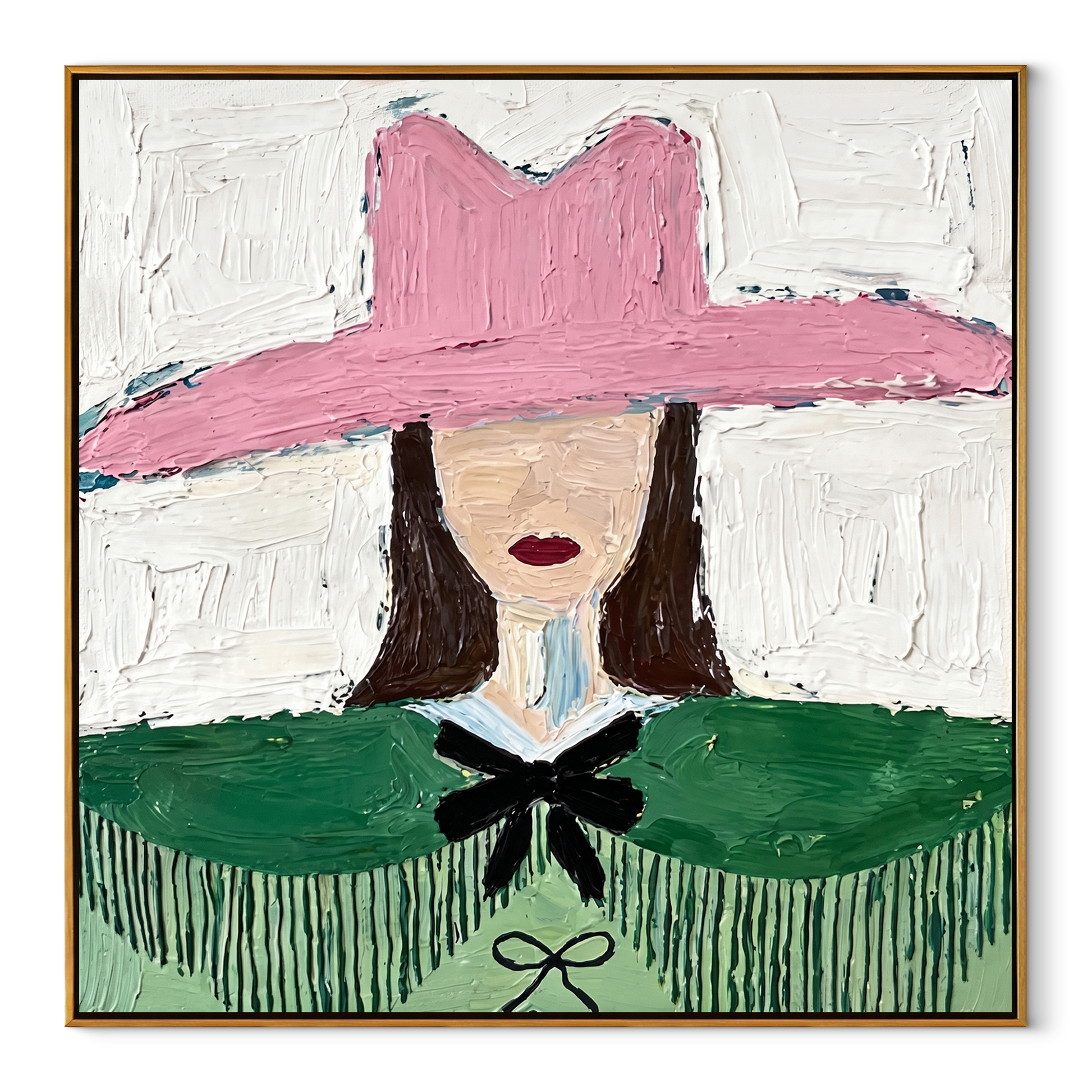 Pink Hat Guards Fringe - green cape cowgirl painting by Elliot Vale, modern figurative square wall art - wood frame on white background