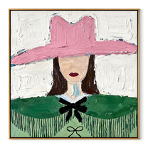 Pink Hat Guards Fringe - green cape cowgirl painting by Elliot Vale, modern figurative square wall art - wood frame on white background
