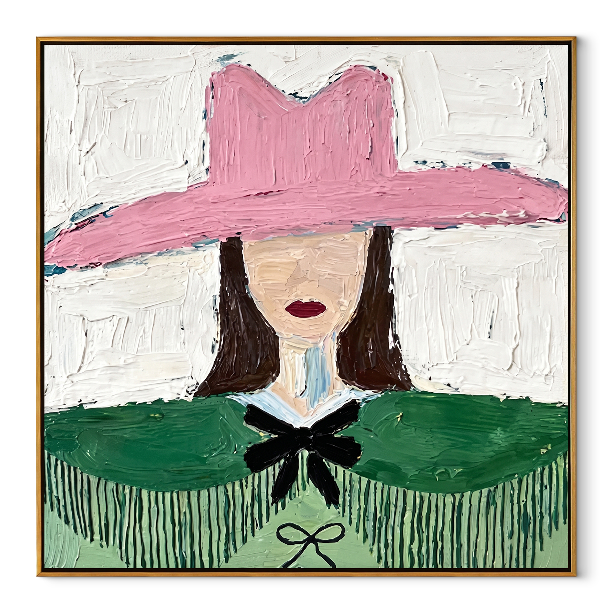 Pink Hat Guards Fringe - green cape cowgirl painting by Elliot Vale, modern figurative square wall art - wood frame on white background
