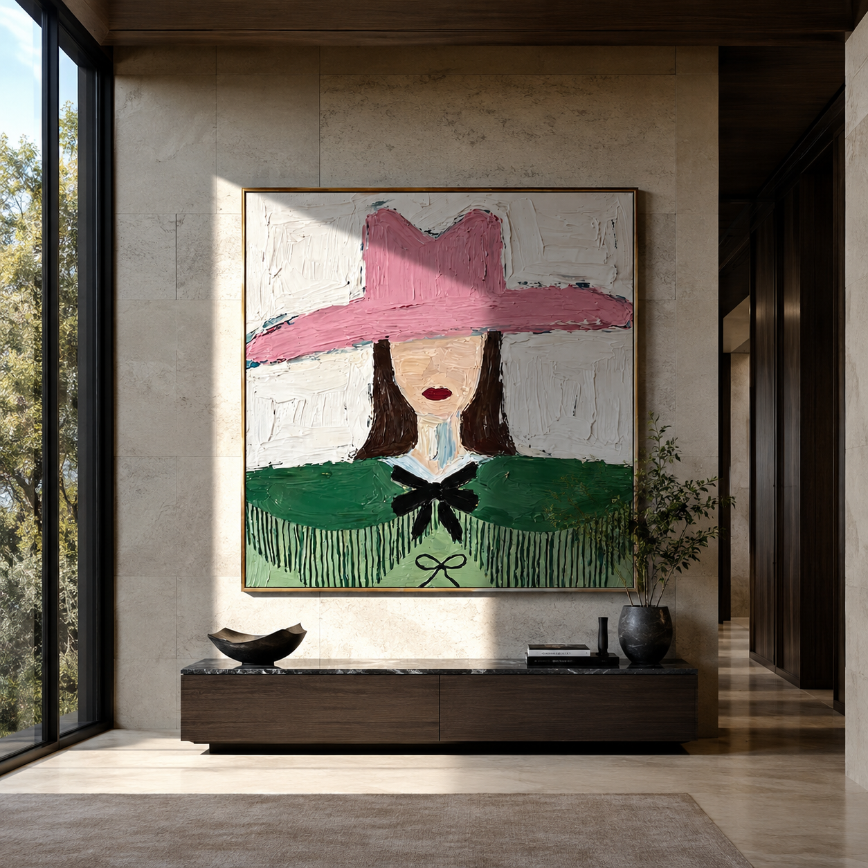 Pink Hat Guards Fringe - green cape cowgirl painting by Elliot Vale, modern figurative square wall art - styled room scene view 2