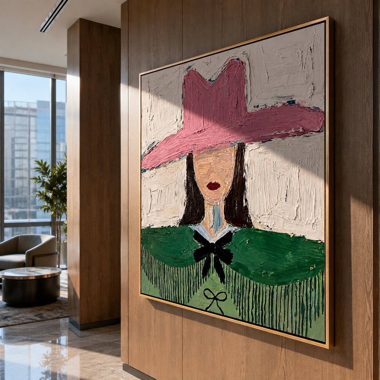 Pink Hat Guards Fringe - green cape cowgirl painting by Elliot Vale, modern figurative square wall art - styled room scene view 3