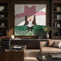 Pink Hat Guards Fringe - green cape cowgirl painting by Elliot Vale, modern figurative square wall art - styled room scene view 4