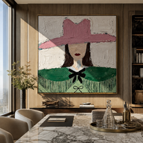 Pink Hat Guards Fringe - green cape cowgirl painting by Elliot Vale, modern figurative square wall art - styled room scene view 5