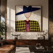 Navy Brim Crowns Diamonds - diamond western portrait painting by Elliot Vale, modern figurative square wall art - styled room scene view 1