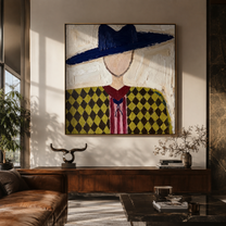 Navy Brim Crowns Diamonds - diamond western portrait painting by Elliot Vale, modern figurative square wall art - styled room scene view 1
