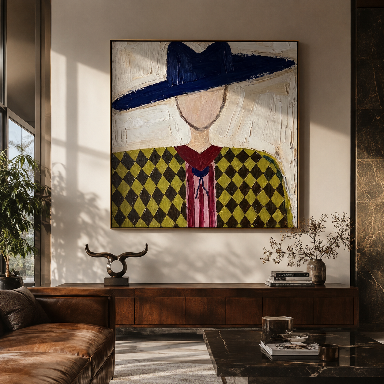 Navy Brim Crowns Diamonds - diamond western portrait painting by Elliot Vale, modern figurative square wall art - styled room scene view 1