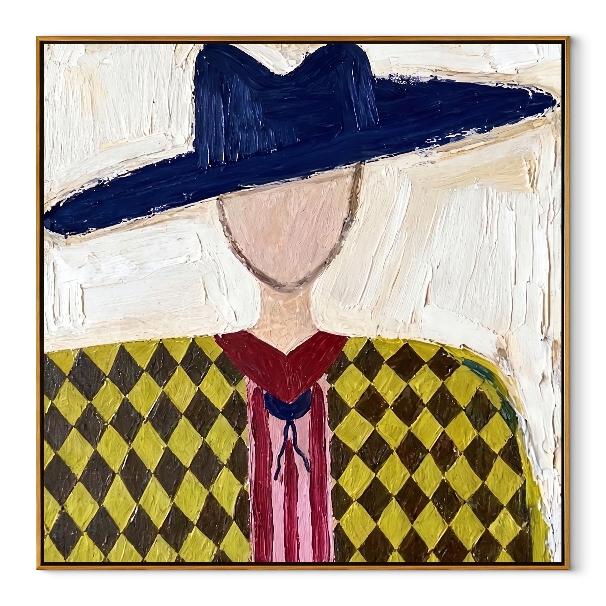 Navy Brim Crowns Diamonds - diamond western portrait painting by Elliot Vale, modern figurative square wall art - wood frame on white background