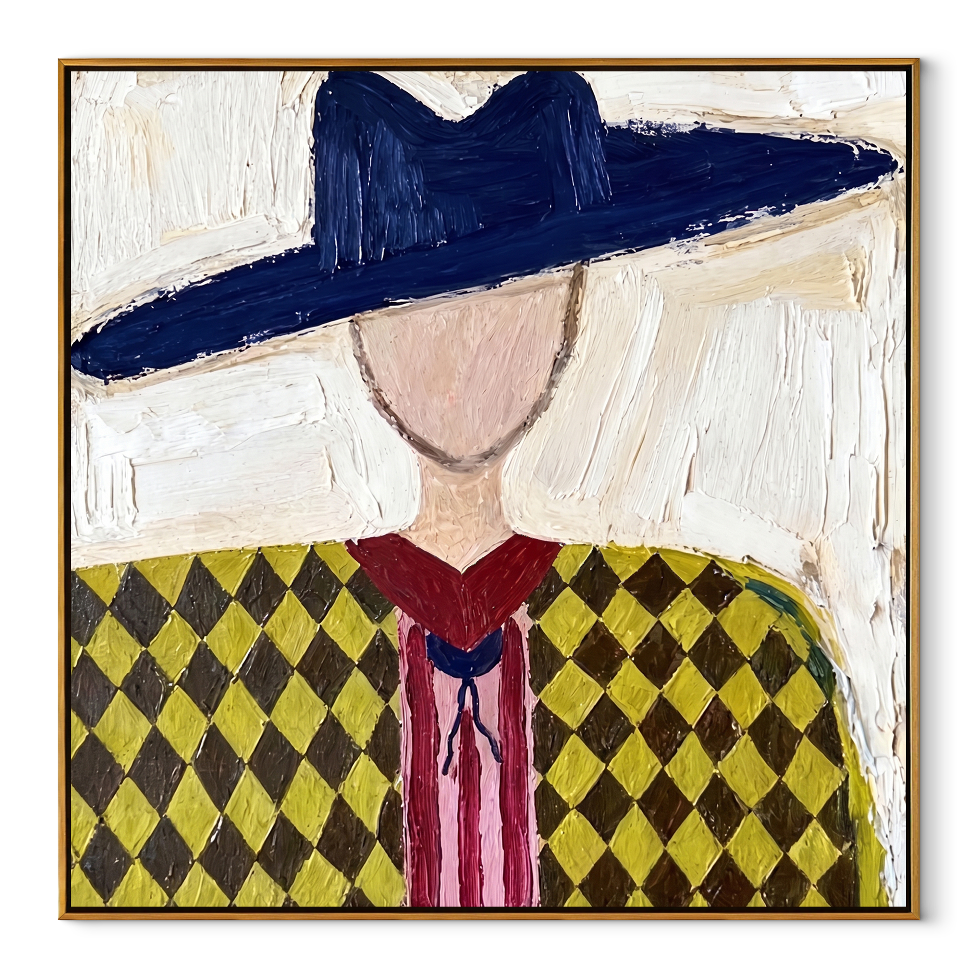 Navy Brim Crowns Diamonds - diamond western portrait painting by Elliot Vale, modern figurative square wall art - wood frame on white background