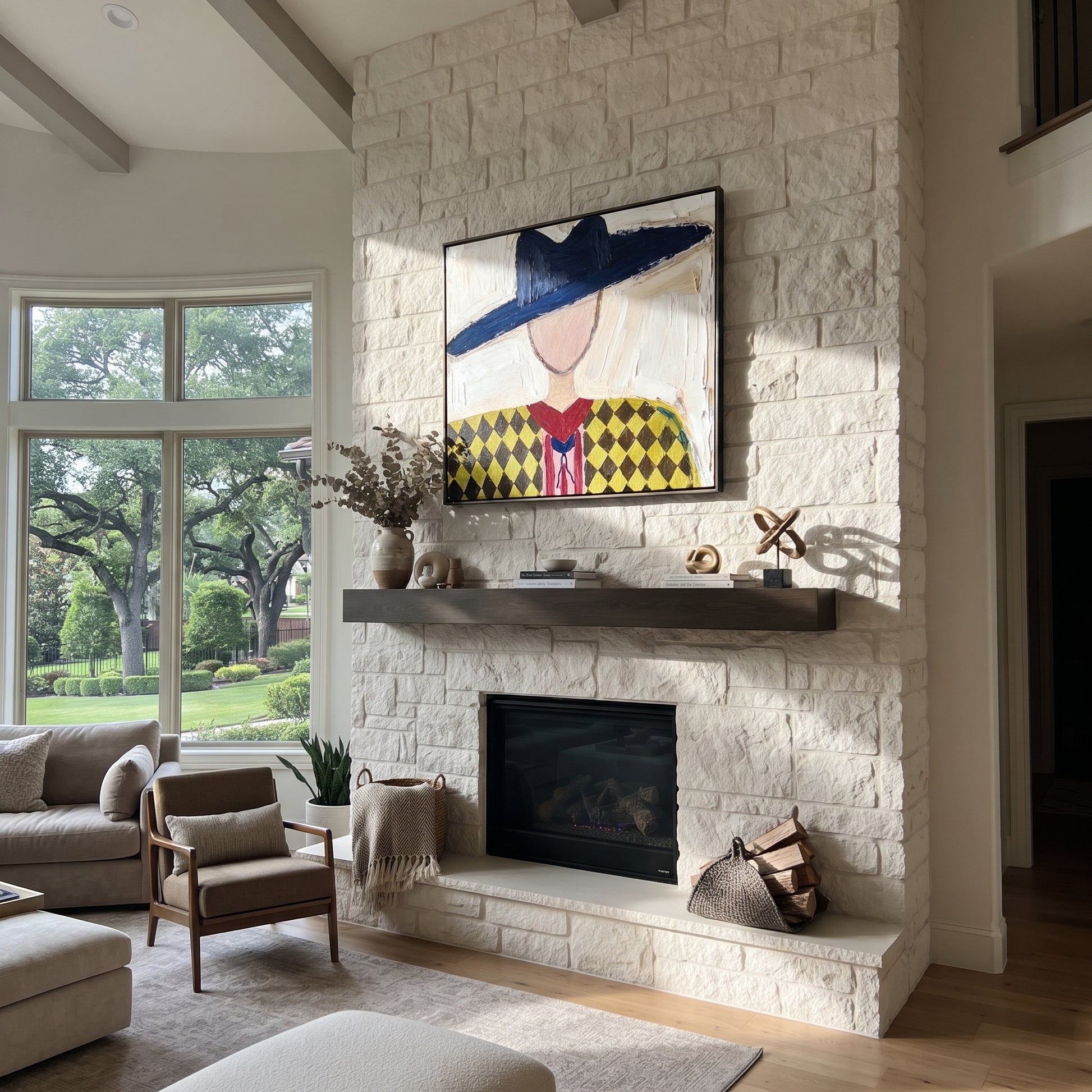 Navy Brim Crowns Diamonds - diamond western portrait painting by Elliot Vale, modern figurative square wall art - styled room scene view 2