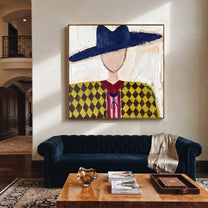 Navy Brim Crowns Diamonds - diamond western portrait painting by Elliot Vale, modern figurative square wall art - styled room scene view 4