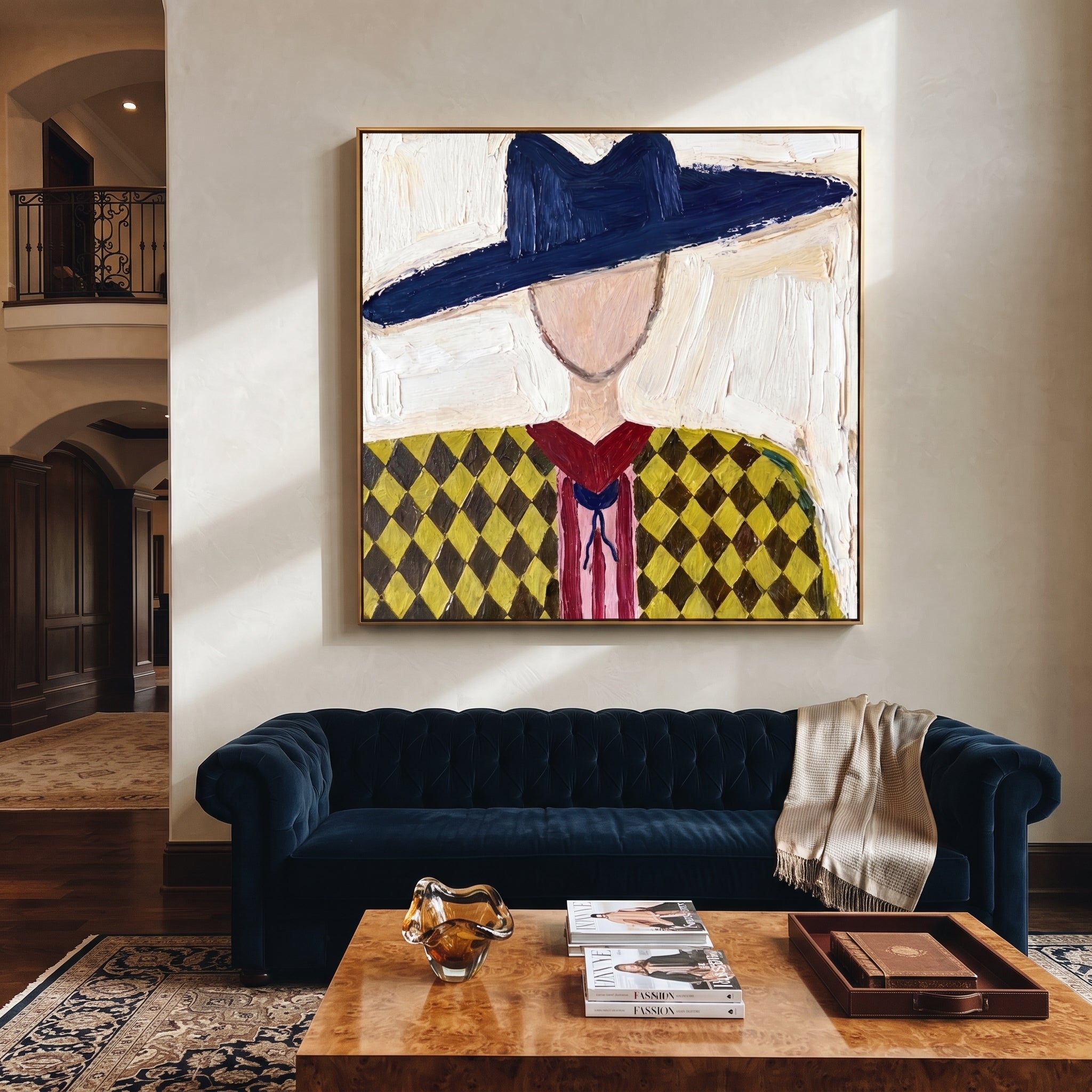 Navy Brim Crowns Diamonds - diamond western portrait painting by Elliot Vale, modern figurative square wall art - styled room scene view 4