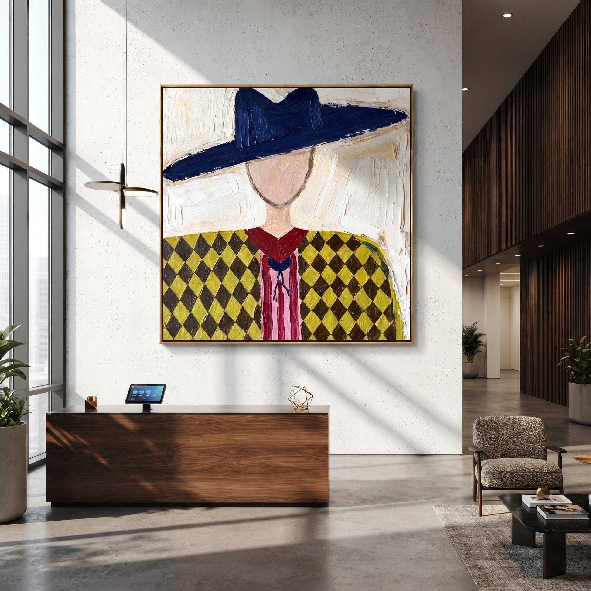 Navy Brim Crowns Diamonds - diamond western portrait painting by Elliot Vale, modern figurative square wall art - styled room scene view 5
