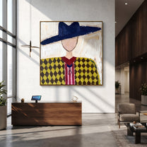 Navy Brim Crowns Diamonds - diamond western portrait painting by Elliot Vale, modern figurative square wall art - styled room scene view 5