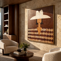 White Brim Guards Diamonds - diamond pattern woman painting by Elliot Vale, modern figurative square wall art - styled room scene view 1