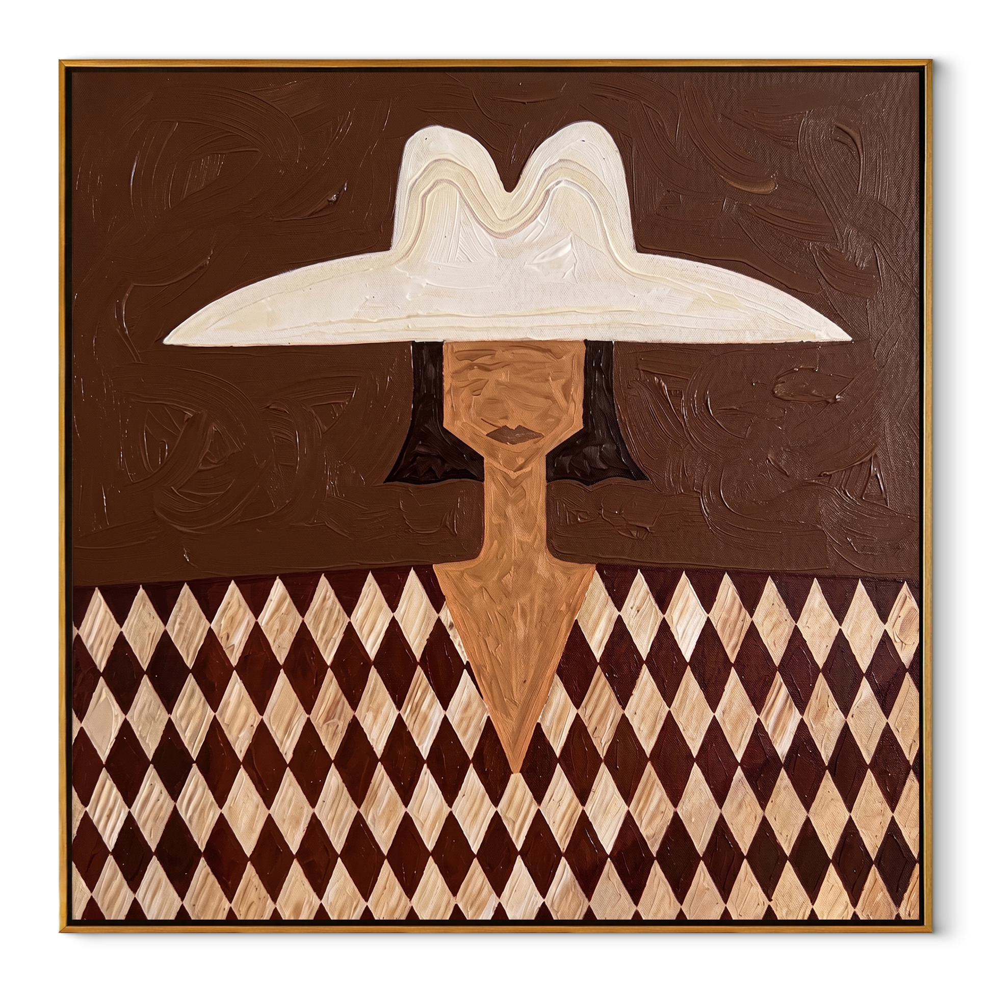 White Brim Guards Diamonds - diamond pattern woman painting by Elliot Vale, modern figurative square wall art - wood frame on white background