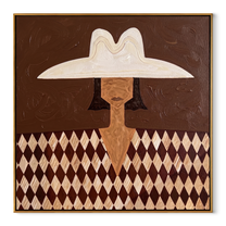 White Brim Guards Diamonds - diamond pattern woman painting by Elliot Vale, modern figurative square wall art - wood frame on white background