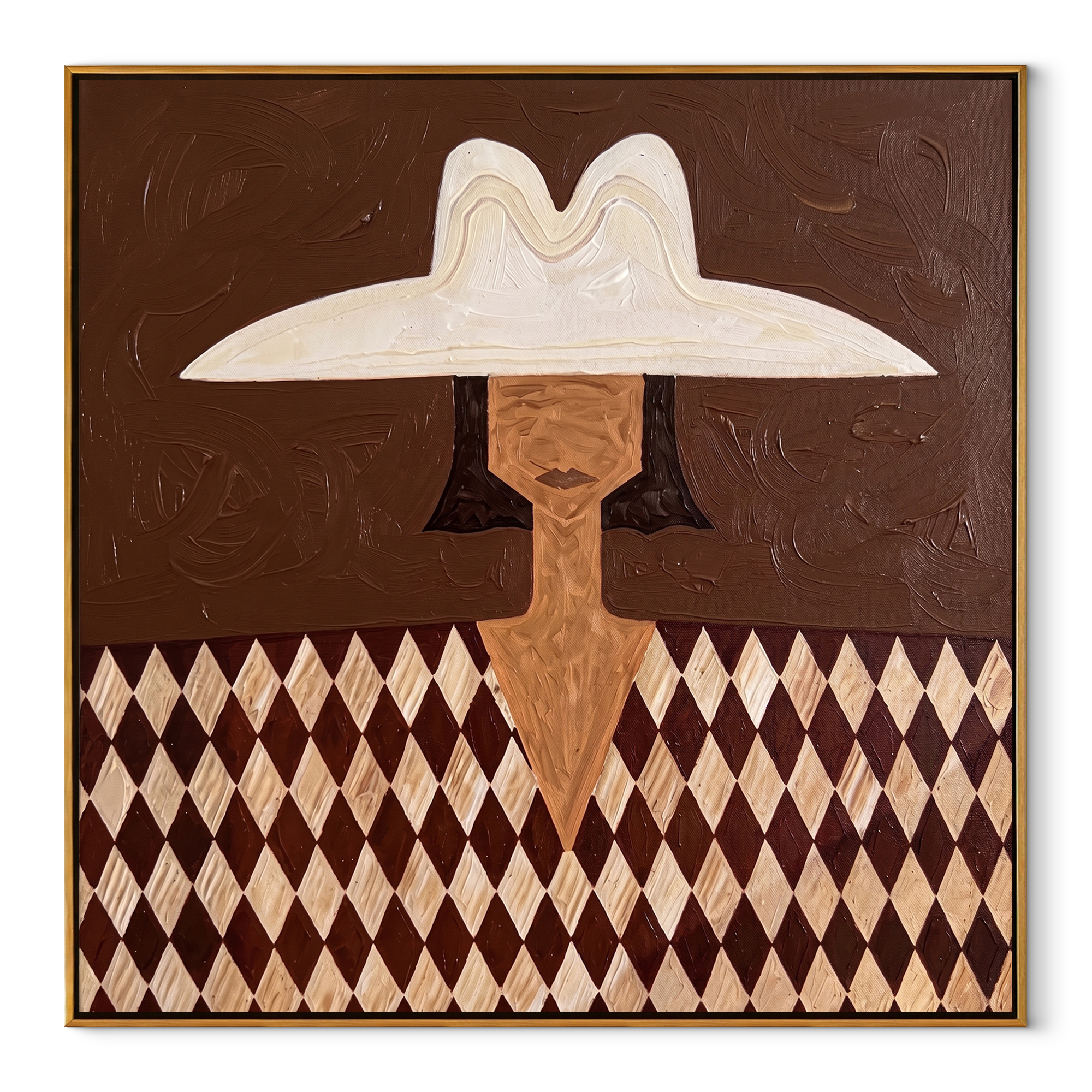 White Brim Guards Diamonds - diamond pattern woman painting by Elliot Vale, modern figurative square wall art - wood frame on white background