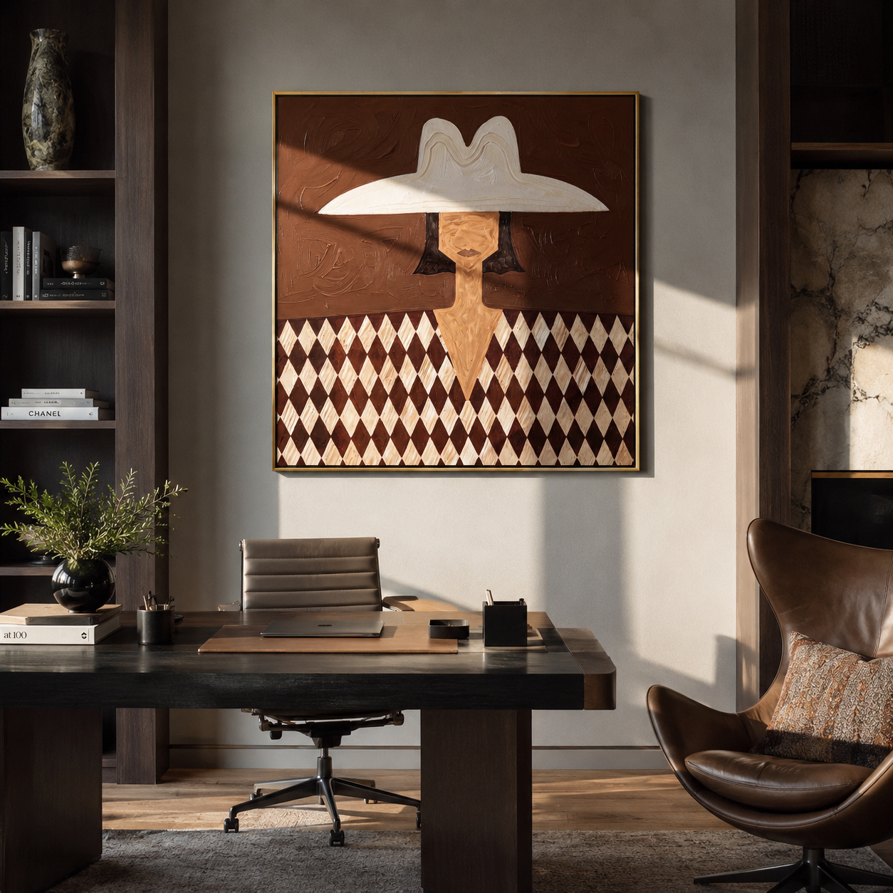 White Brim Guards Diamonds - diamond pattern woman painting by Elliot Vale, modern figurative square wall art - styled room scene view 2