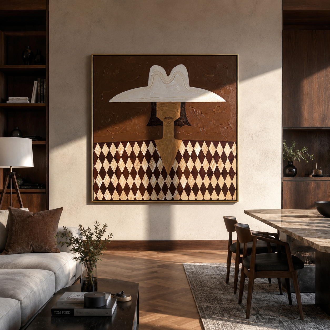 White Brim Guards Diamonds - diamond pattern woman painting by Elliot Vale, modern figurative square wall art - styled room scene view 3