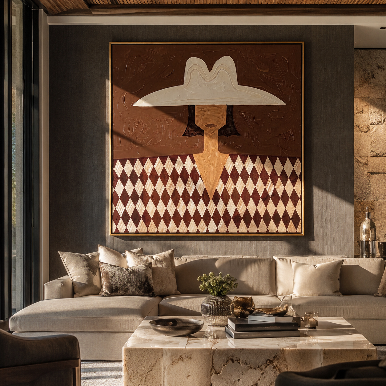 White Brim Guards Diamonds - diamond pattern woman painting by Elliot Vale, modern figurative square wall art - styled room scene view 4