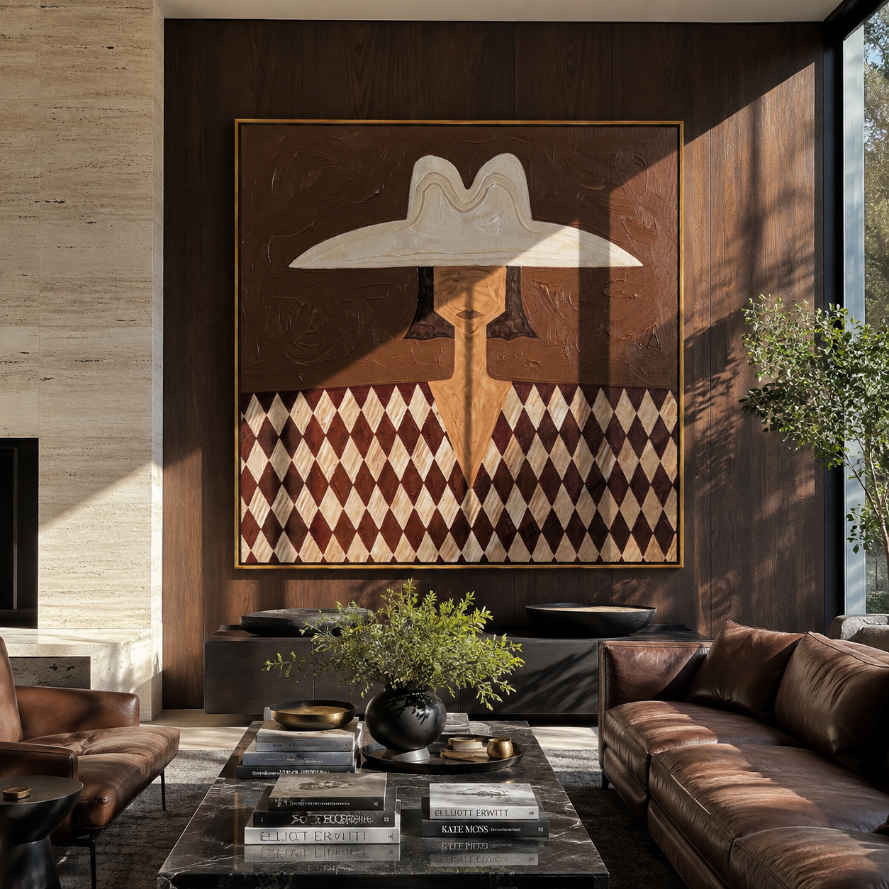 White Brim Guards Diamonds - diamond pattern woman painting by Elliot Vale, modern figurative square wall art - styled room scene view 5
