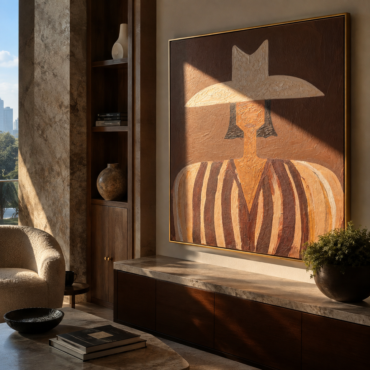 Pale Peaks Meet Rust - brown striped woman painting by Elliot Vale, modern figurative square wall art - styled room scene view 1