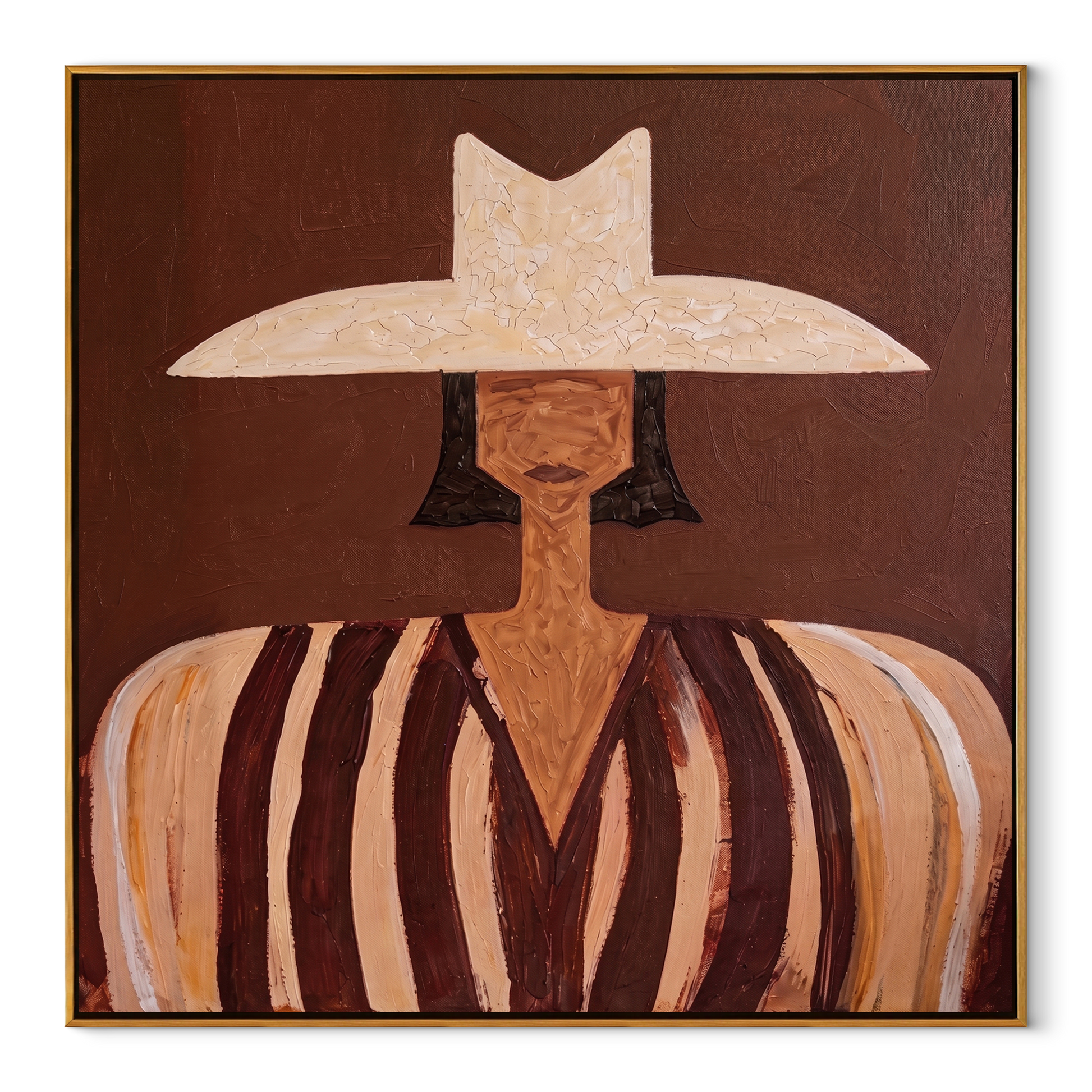 Pale Peaks Meet Rust - brown striped woman painting by Elliot Vale, modern figurative square wall art - wood frame on white background