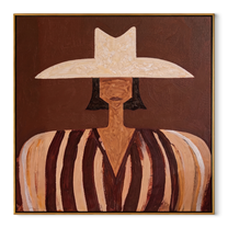 Pale Peaks Meet Rust - brown striped woman painting by Elliot Vale, modern figurative square wall art - wood frame on white background
