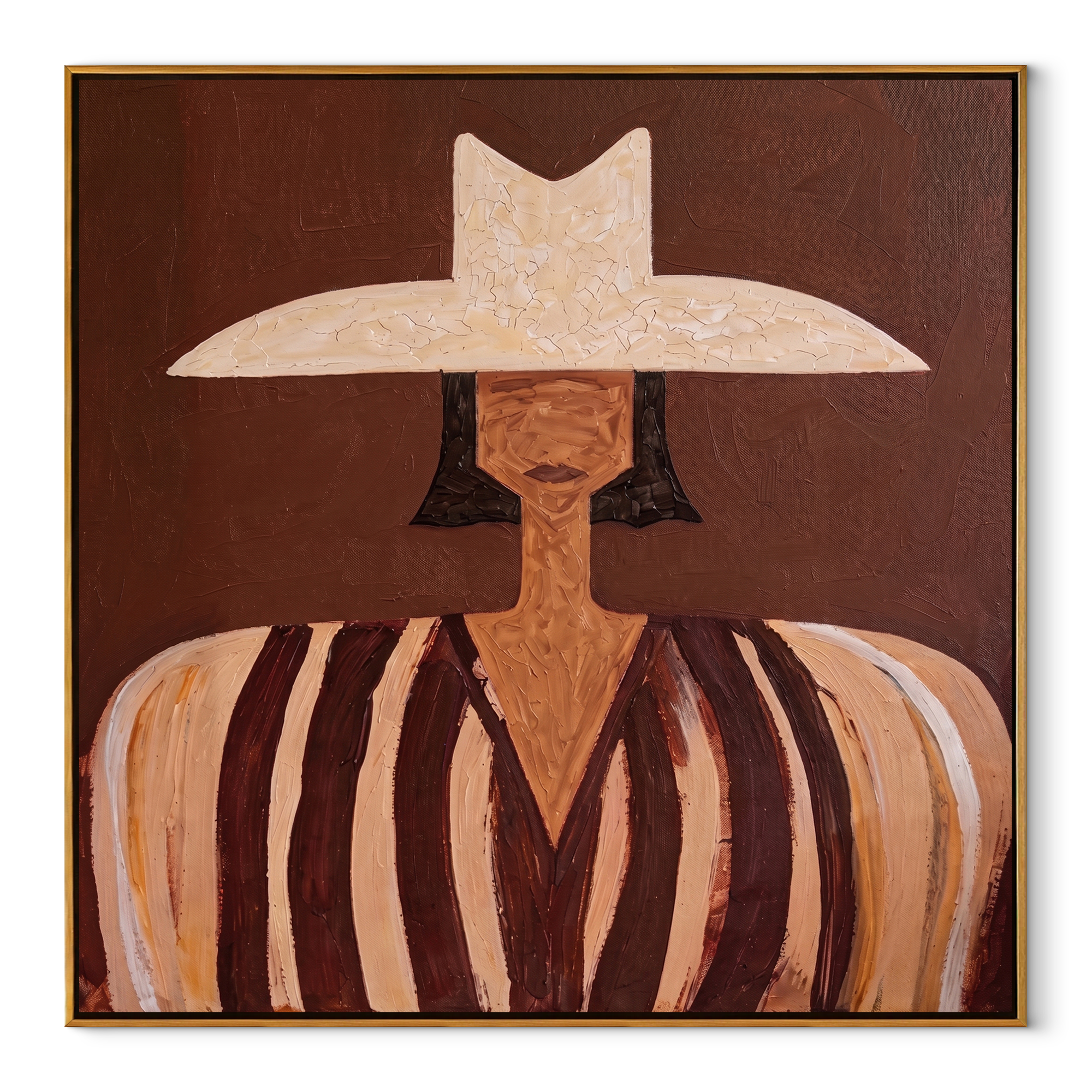 Pale Peaks Meet Rust - brown striped woman painting by Elliot Vale, modern figurative square wall art - wood frame on white background