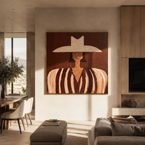 Pale Peaks Meet Rust - brown striped woman painting by Elliot Vale, modern figurative square wall art - styled room scene view 2
