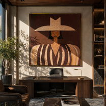 Pale Peaks Meet Rust - brown striped woman painting by Elliot Vale, modern figurative square wall art - styled room scene view 3