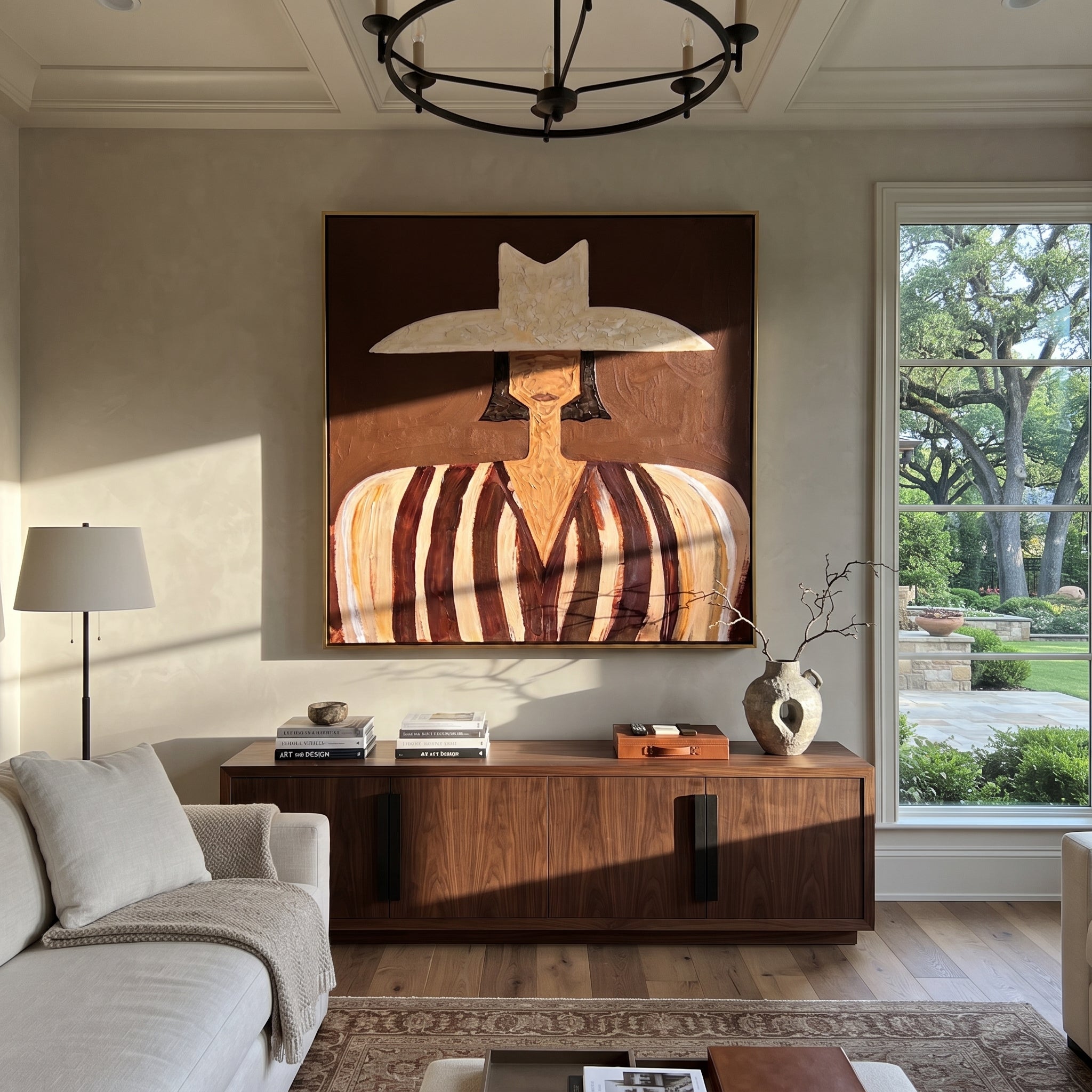 Pale Peaks Meet Rust - brown striped woman painting by Elliot Vale, modern figurative square wall art - styled room scene view 4