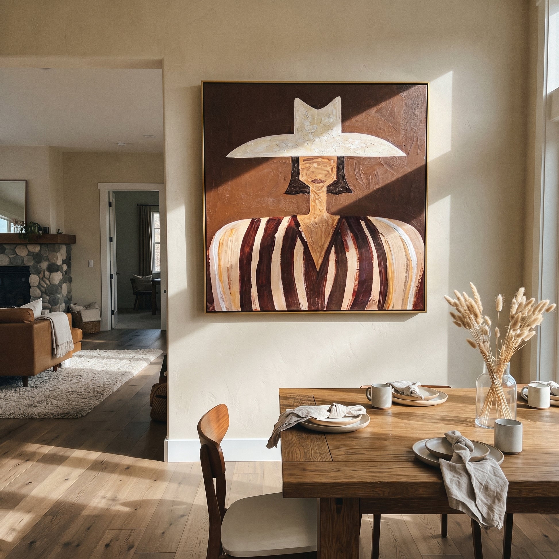 Pale Peaks Meet Rust - brown striped woman painting by Elliot Vale, modern figurative square wall art - styled room scene view 5