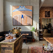 Blue Peaks Shelter Stripes - blue outlined hat painting by Elliot Vale, modern figurative square wall art - styled room scene view 1