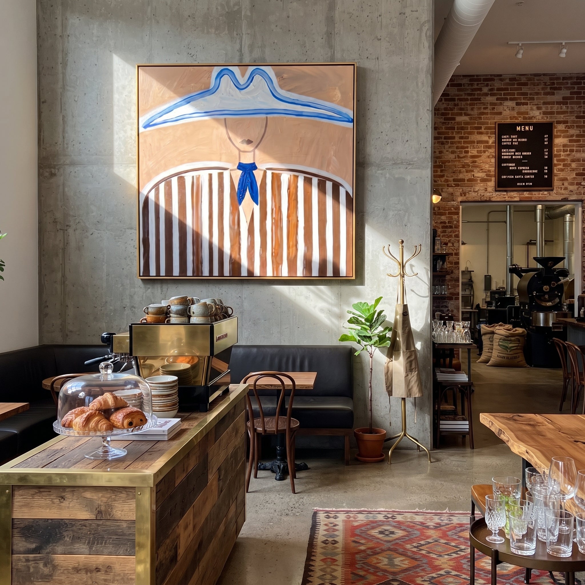 Blue Peaks Shelter Stripes - blue outlined hat painting by Elliot Vale, modern figurative square wall art - styled room scene view 1