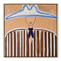 Blue Peaks Shelter Stripes - blue outlined hat painting by Elliot Vale, modern figurative square wall art - wood frame on white background
