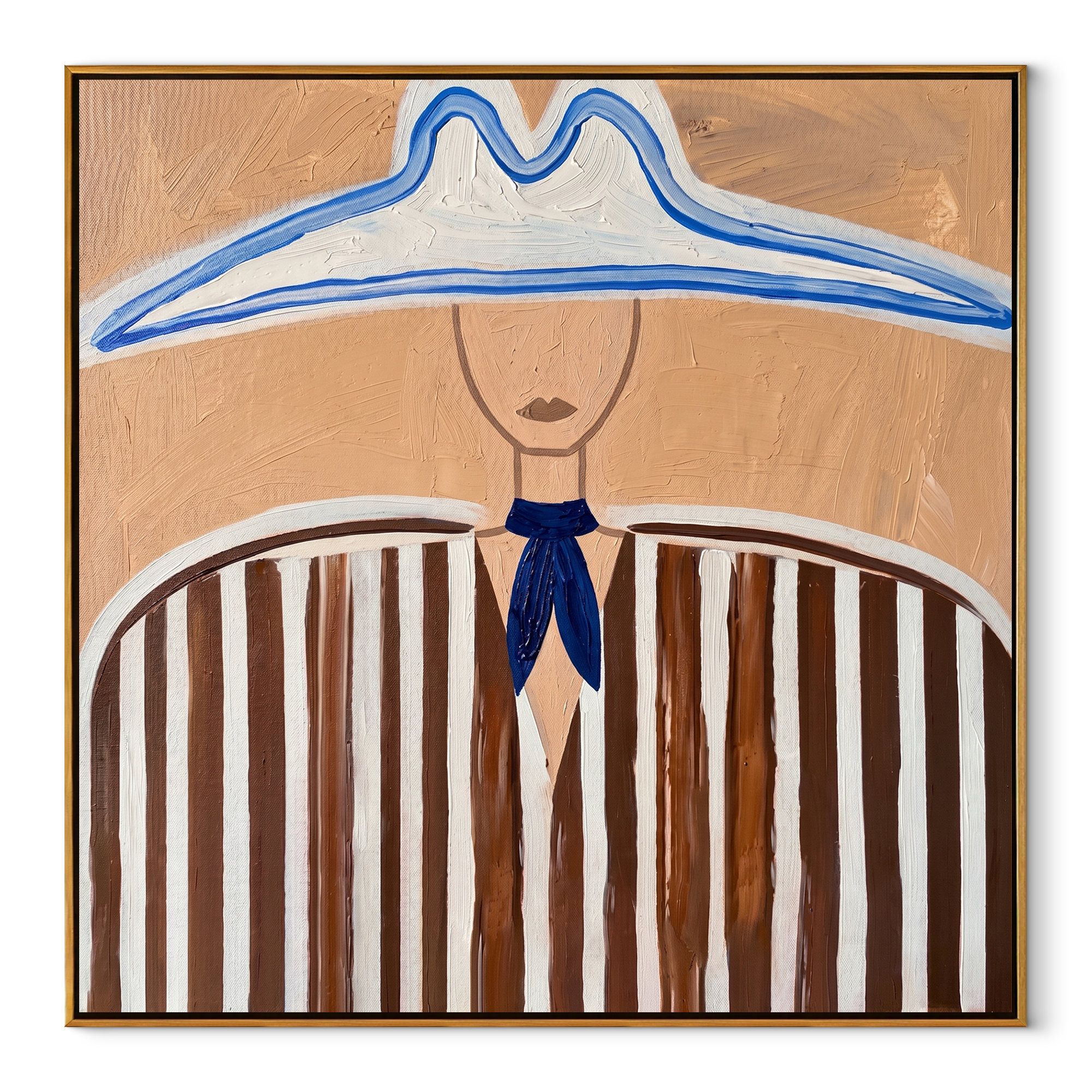 Blue Peaks Shelter Stripes - blue outlined hat painting by Elliot Vale, modern figurative square wall art - wood frame on white background