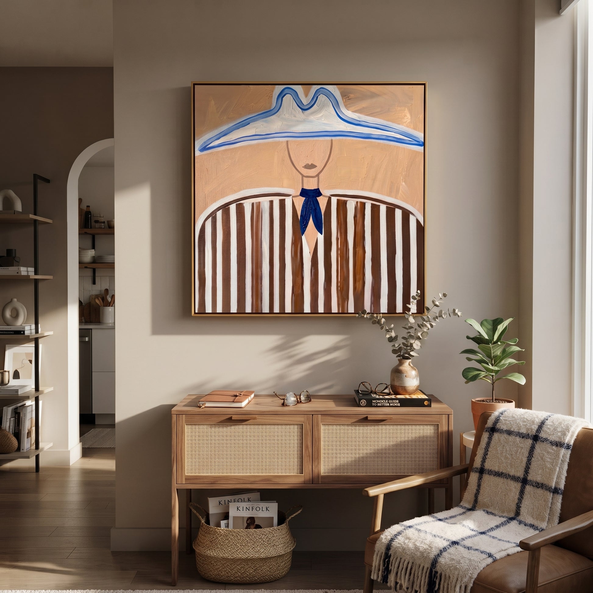 Blue Peaks Shelter Stripes - blue outlined hat painting by Elliot Vale, modern figurative square wall art - styled room scene view 2